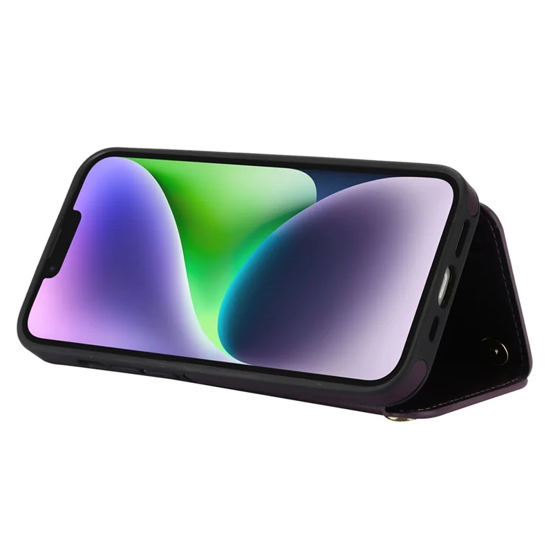 For iPhone 14 Case Zipper Pocket Leather Coated TPU Crossbody Phone Cover - Black