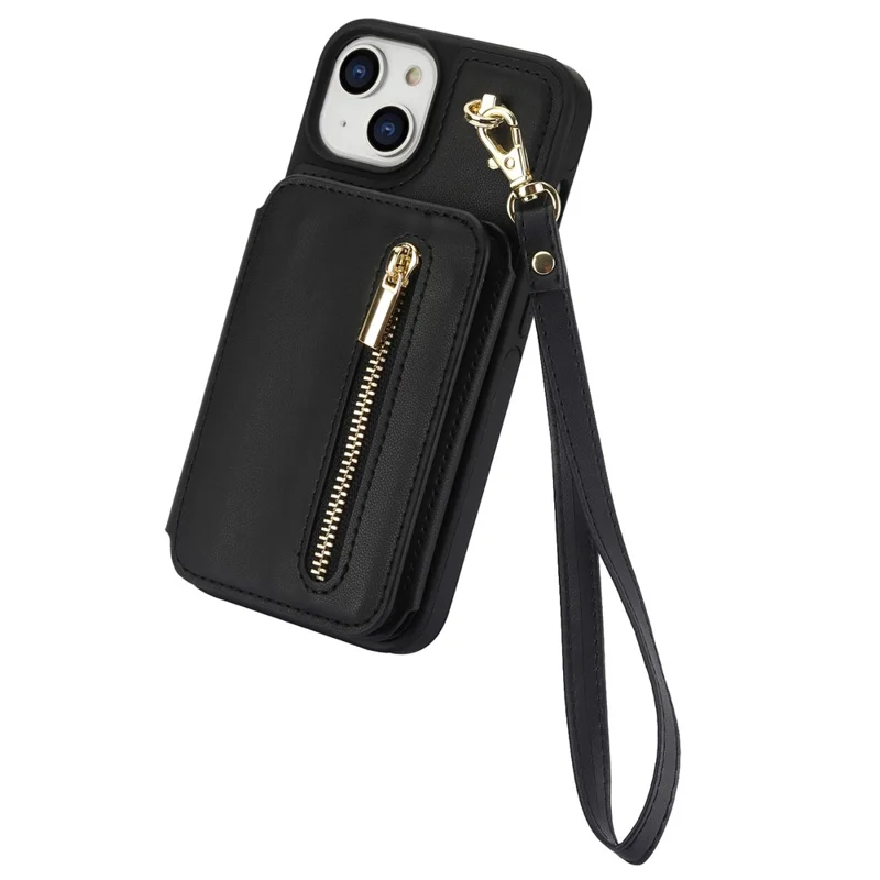 For iPhone 14 Case Zipper Pocket Leather Coated TPU Crossbody Phone Cover - Black
