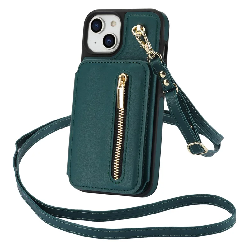 For iPhone 14 Case Zipper Pocket Leather Coated TPU Crossbody Phone Cover - Blackish Green