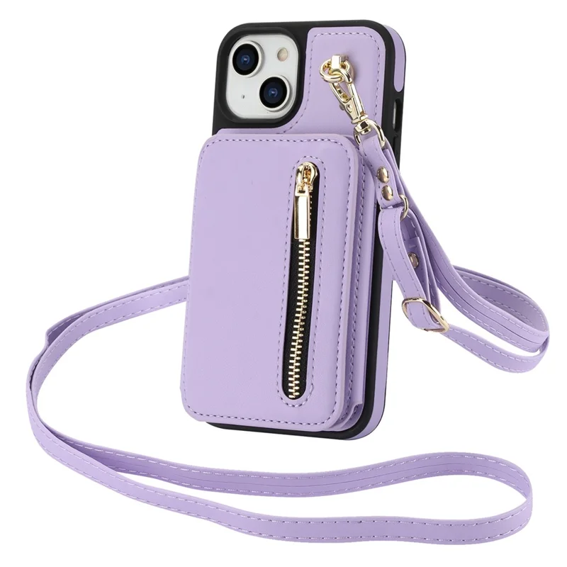 For iPhone 14 Case Zipper Pocket Leather Coated TPU Crossbody Phone Cover - Light Purple
