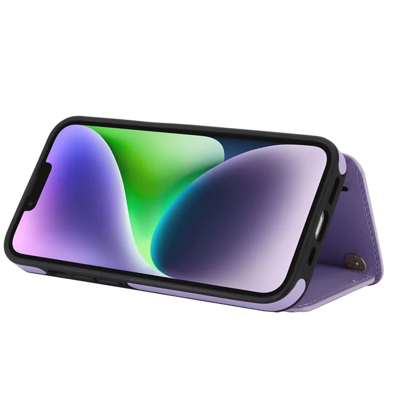 For iPhone 14 Case Zipper Pocket Leather Coated TPU Crossbody Phone Cover - Light Purple