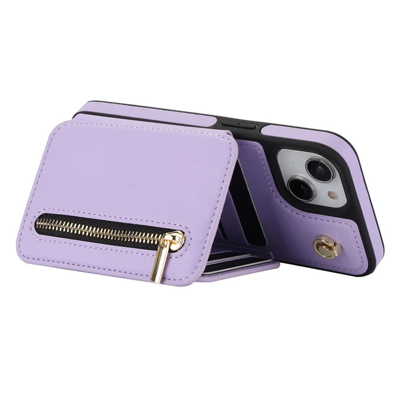 For iPhone 14 Case Zipper Pocket Leather Coated TPU Crossbody Phone Cover - Light Purple