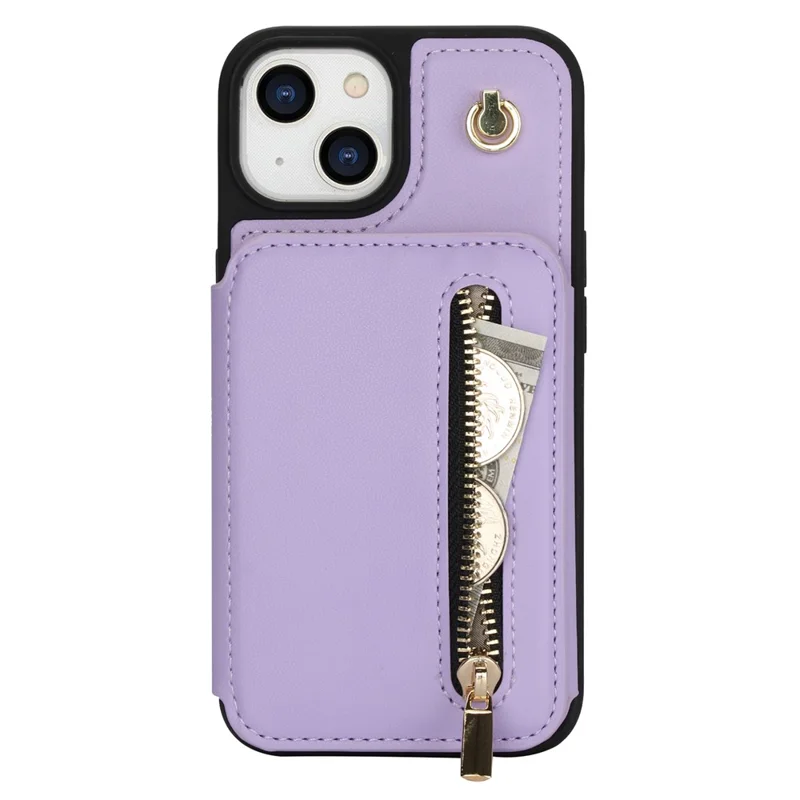 For iPhone 14 Case Zipper Pocket Leather Coated TPU Crossbody Phone Cover - Light Purple
