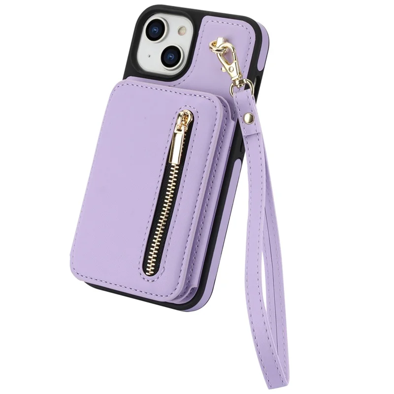For iPhone 14 Case Zipper Pocket Leather Coated TPU Crossbody Phone Cover - Light Purple