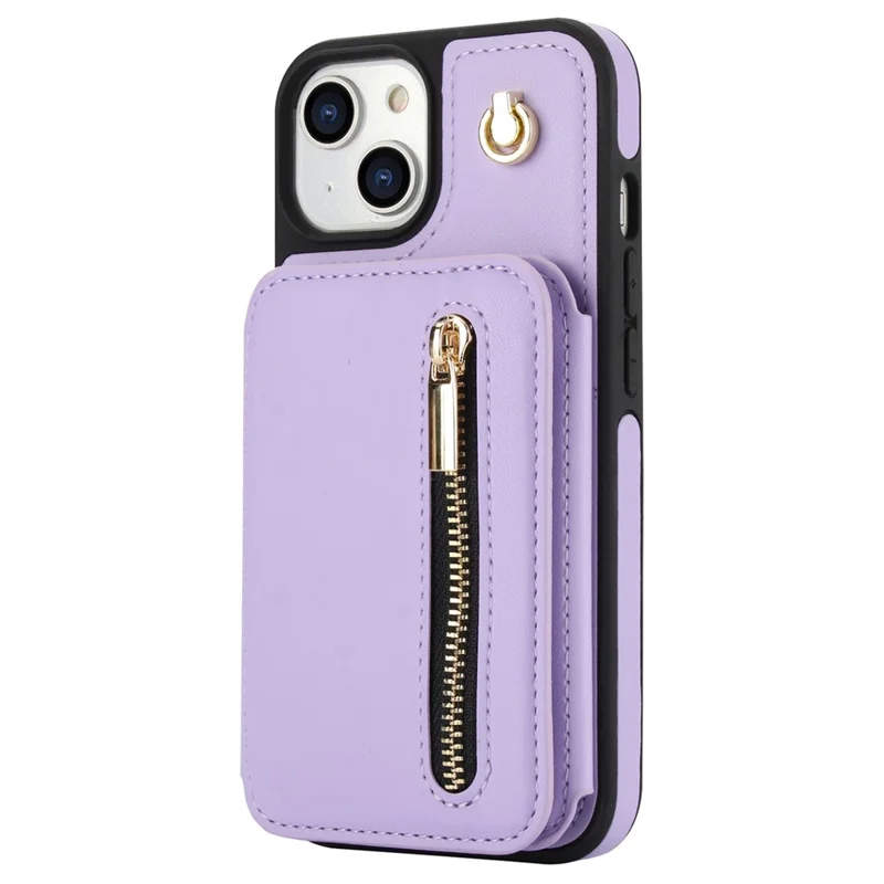 For iPhone 14 Case Zipper Pocket Leather Coated TPU Crossbody Phone Cover - Light Purple