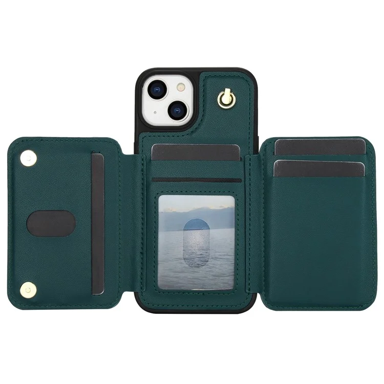For iPhone 13 Case Zipper Pocket Kickstand Leather+TPU Phone Cover with 2 Straps - Blackish Green