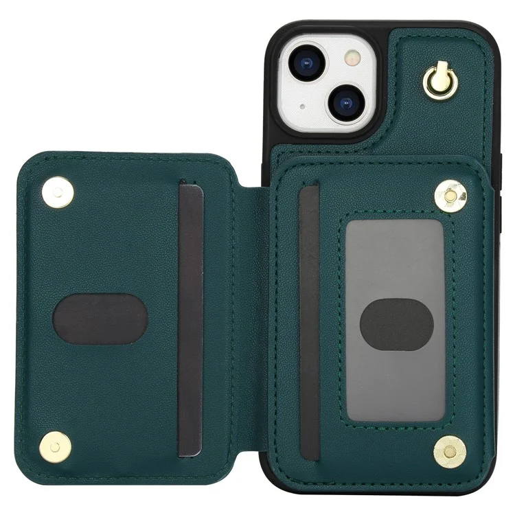 For iPhone 13 Case Zipper Pocket Kickstand Leather+TPU Phone Cover with 2 Straps - Blackish Green
