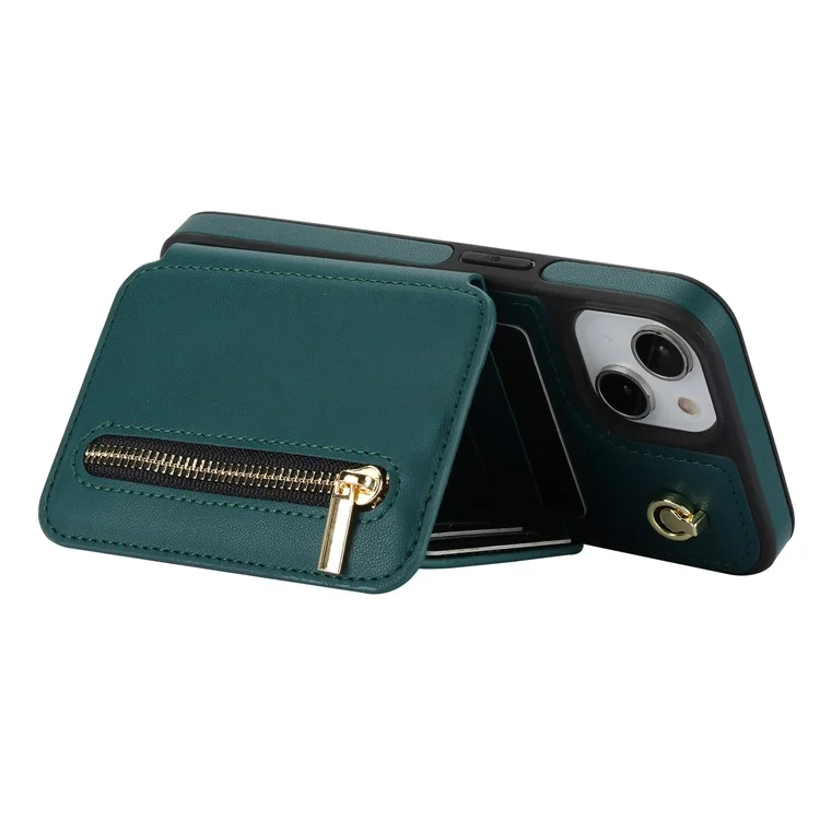 For iPhone 13 Case Zipper Pocket Kickstand Leather+TPU Phone Cover with 2 Straps - Blackish Green