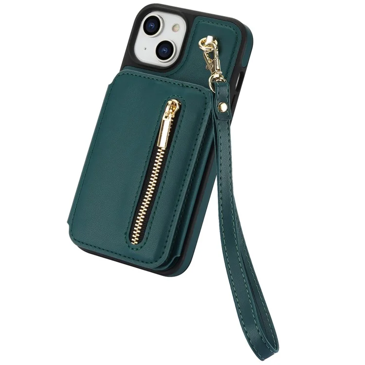 For iPhone 13 Case Zipper Pocket Kickstand Leather+TPU Phone Cover with 2 Straps - Blackish Green