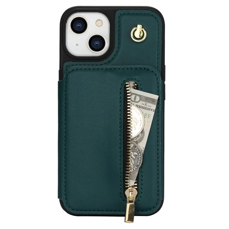 For iPhone 13 Case Zipper Pocket Kickstand Leather+TPU Phone Cover with 2 Straps - Blackish Green