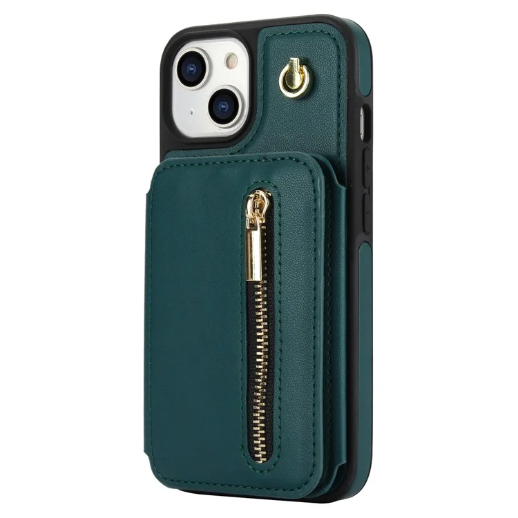 For iPhone 13 Case Zipper Pocket Kickstand Leather+TPU Phone Cover with 2 Straps - Blackish Green