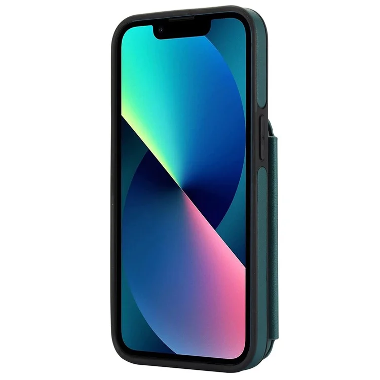 For iPhone 13 Case Zipper Pocket Kickstand Leather+TPU Phone Cover with 2 Straps - Blackish Green
