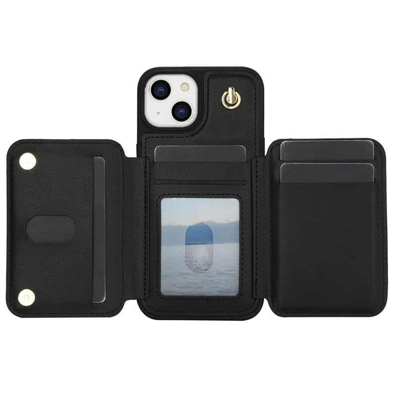 For iPhone 13 Case Zipper Pocket Kickstand Leather+TPU Phone Cover with 2 Straps - Black