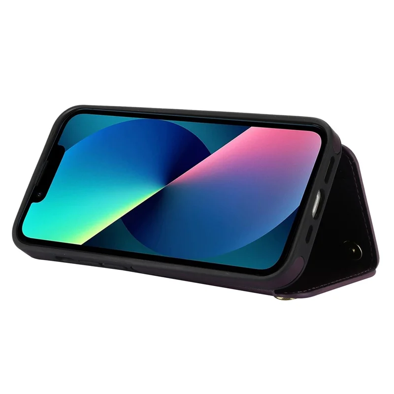 For iPhone 13 Case Zipper Pocket Kickstand Leather+TPU Phone Cover with 2 Straps - Black