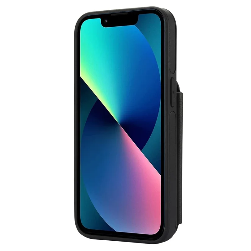 For iPhone 13 Case Zipper Pocket Kickstand Leather+TPU Phone Cover with 2 Straps - Black