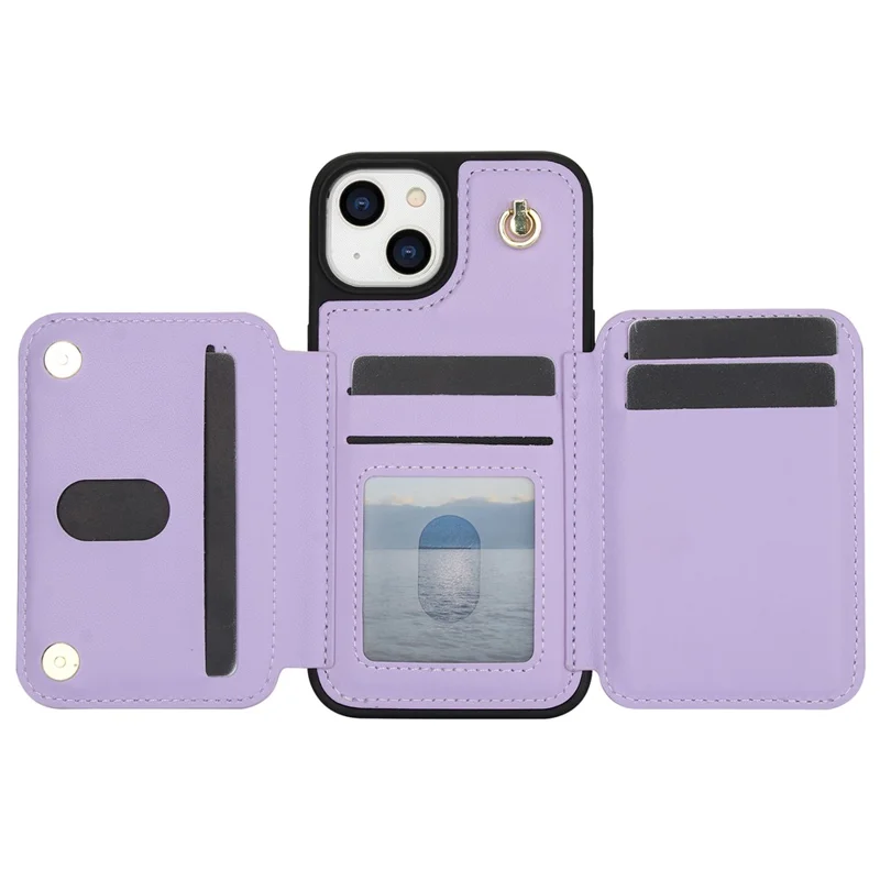 Capa para iPhone 13 com Bolso de Zíper, Suporte e Couro+TPU - Roxo Claro