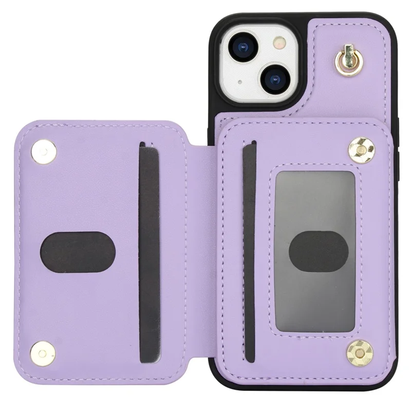 Capa para iPhone 13 com Bolso de Zíper, Suporte e Couro+TPU - Roxo Claro