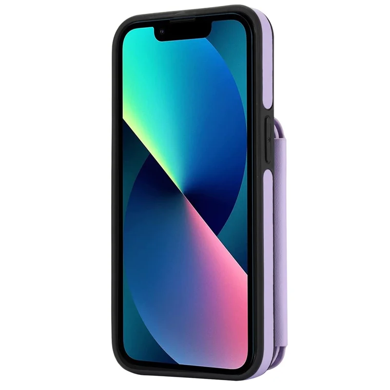 Capa para iPhone 13 com Bolso de Zíper, Suporte e Couro+TPU - Roxo Claro