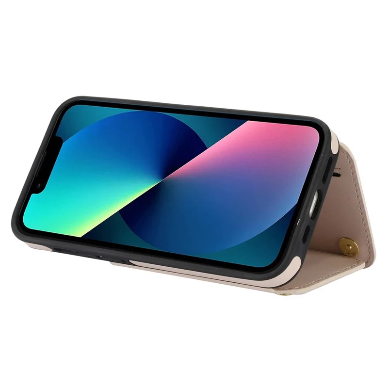 For iPhone 13 Case Zipper Pocket Kickstand Leather+TPU Phone Cover with 2 Straps - Apricot