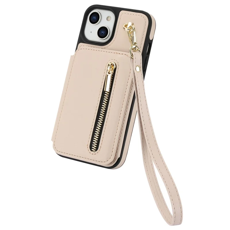 For iPhone 13 Case Zipper Pocket Kickstand Leather+TPU Phone Cover with 2 Straps - Apricot