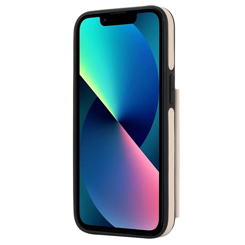 For iPhone 13 Case Zipper Pocket Kickstand Leather+TPU Phone Cover with 2 Straps - Apricot