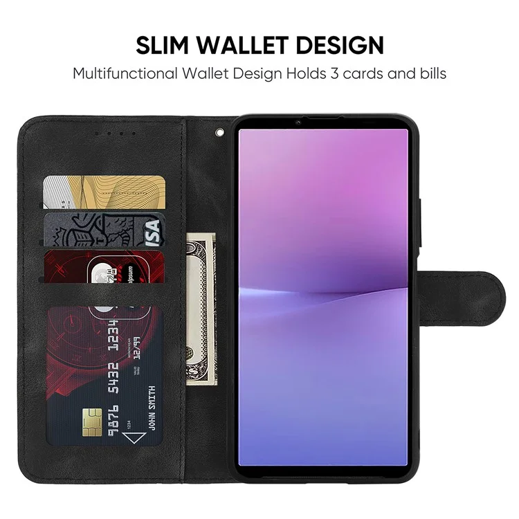 For Sony Xperia 10 V Case Skin-Friendly Flip Leather Phone Cover Imprinted Lines - Black