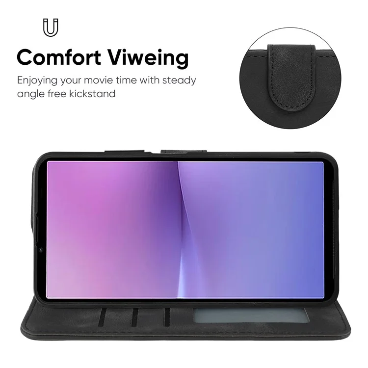 For Sony Xperia 10 V Case Skin-Friendly Flip Leather Phone Cover Imprinted Lines - Black