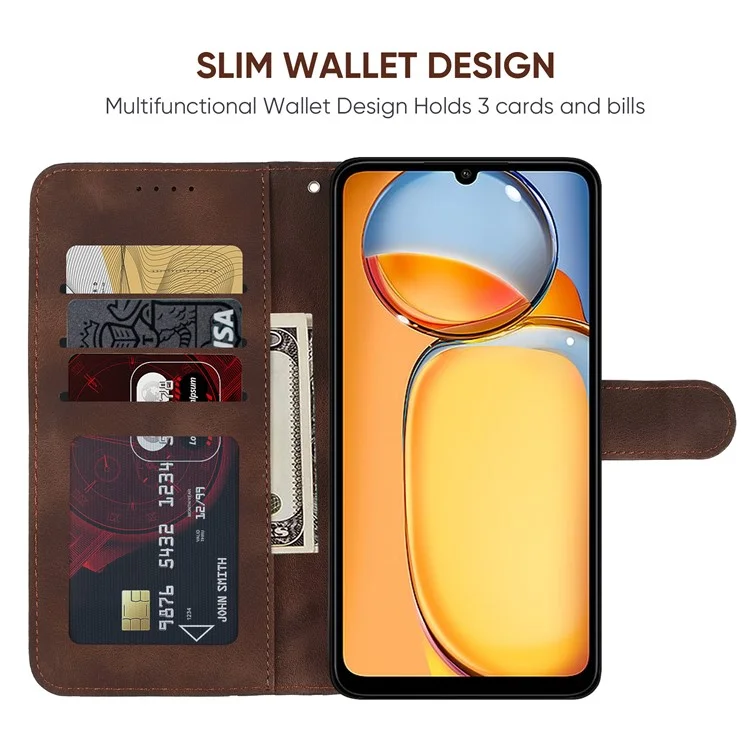 Für Xiaomi Redmi 13C 4G / 13C 5G / Poco C65 4G Hülle Lederlinien-Muster Flip-Handyhülle - Braun