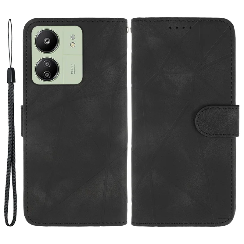 For Xiaomi Redmi 13C 4G / 13C 5G / Poco C65 4G Case Leather Line Pattern Flip Phone Cover - Black