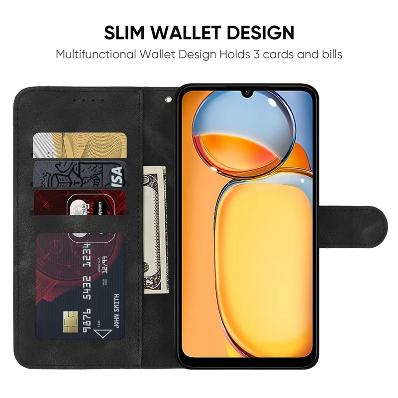 For Xiaomi Redmi 13C 4G / 13C 5G / Poco C65 4G Case Leather Line Pattern Flip Phone Cover - Black