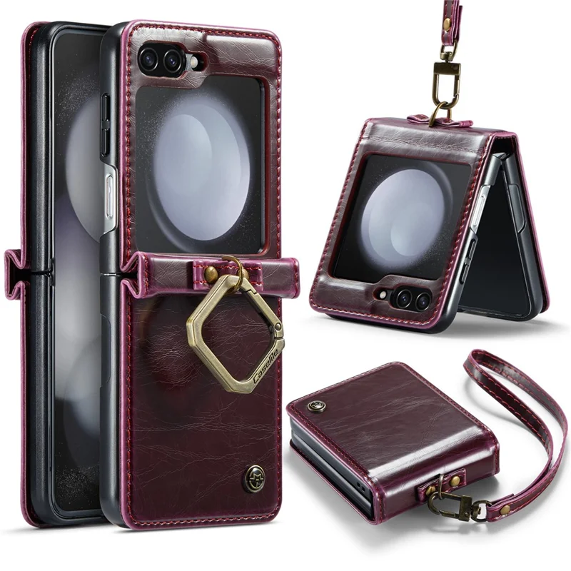 CASEME 003 Serie per Samsung Galaxy Z Flip5 5G Custodia in Pelle Copertina per Telefono con Anello Supporto - Rosso Vino