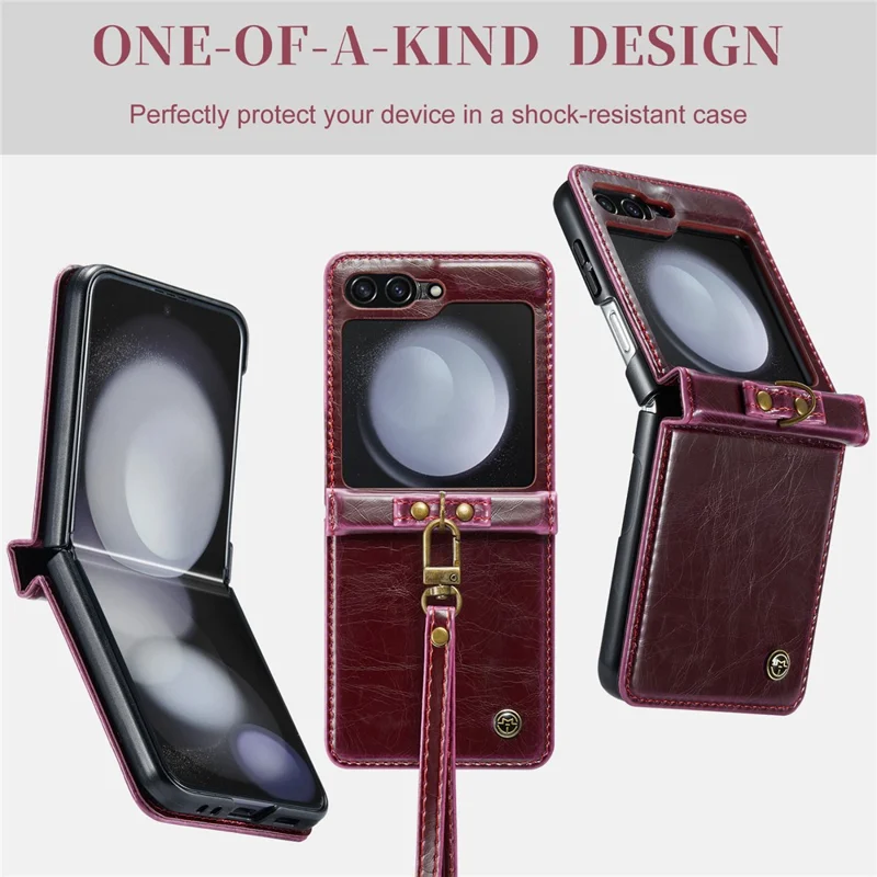 CASEME 003 Serie per Samsung Galaxy Z Flip5 5G Custodia in Pelle Copertina per Telefono con Anello Supporto - Rosso Vino