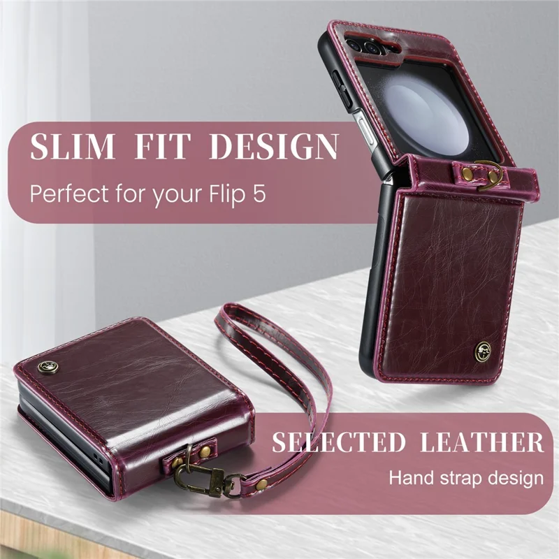 CASEME 003 Serie per Samsung Galaxy Z Flip5 5G Custodia in Pelle Copertina per Telefono con Anello Supporto - Rosso Vino