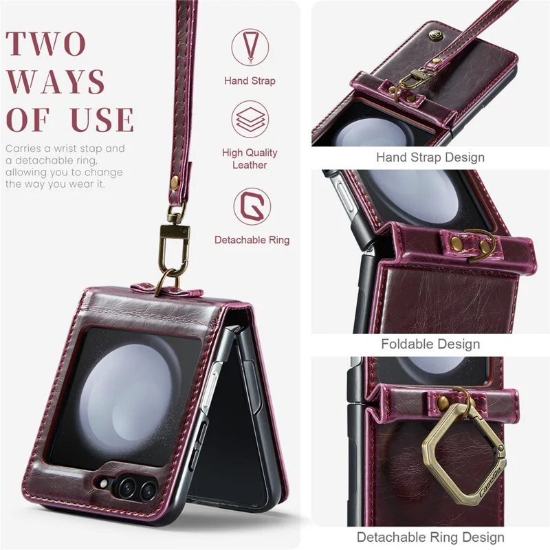CASEME 003 Serie per Samsung Galaxy Z Flip5 5G Custodia in Pelle Copertina per Telefono con Anello Supporto - Rosso Vino