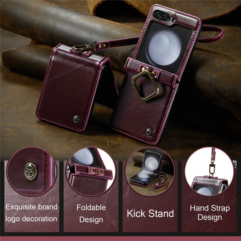 CASEME 003 Serie per Samsung Galaxy Z Flip5 5G Custodia in Pelle Copertina per Telefono con Anello Supporto - Rosso Vino