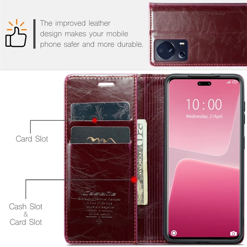 CASEME 003 Series para Xiaomi 13 Lite / Civi 2 5G Capa de Telefone Textura de Couro de Cavalo Louco Flip Cover - Vinho Tinto
