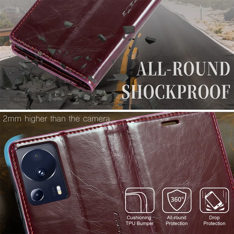 CASEME 003 Series para Xiaomi 13 Lite / Civi 2 5G Capa de Telefone Textura de Couro de Cavalo Louco Flip Cover - Vinho Tinto