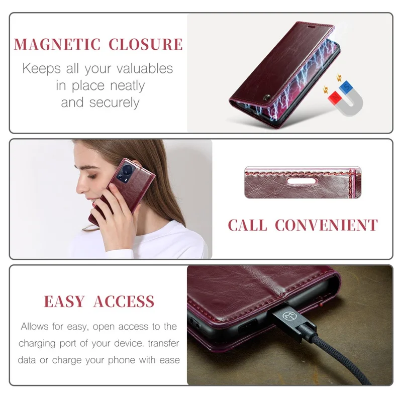 CASEME 003 Series para Xiaomi 13 Lite / Civi 2 5G Capa de Telefone Textura de Couro de Cavalo Louco Flip Cover - Vinho Tinto