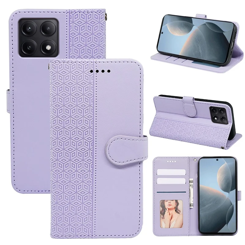 Per Xiaomi Poco F6 Pro 5G / Redmi K70 5G / K70 Pro 5G Custodia Cubic Grid Leather Wallet Phone Cover - Viola