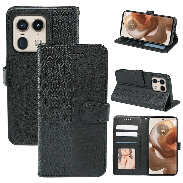 Pour Motorola Edge 50 Ultra 5G / Moto X50 Ultra 5G Étui de téléphone Motif de grille cubique Impression en cuir PU Folio Flip Cover - Noir