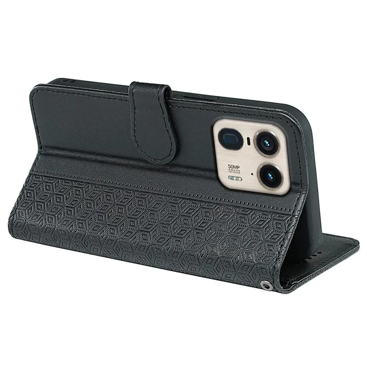 Pour Motorola Edge 50 Ultra 5G / Moto X50 Ultra 5G Étui de téléphone Motif de grille cubique Impression en cuir PU Folio Flip Cover - Noir