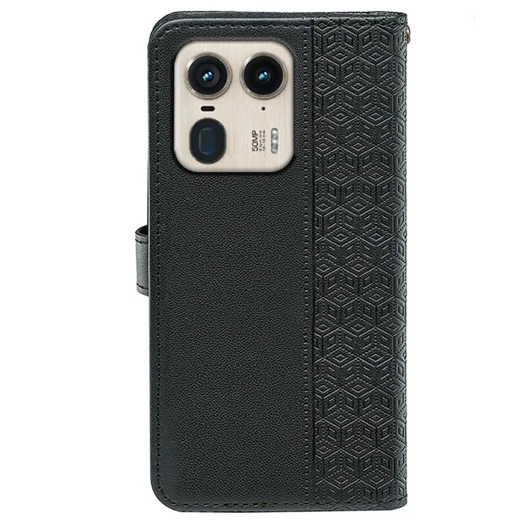 Pour Motorola Edge 50 Ultra 5G / Moto X50 Ultra 5G Étui de téléphone Motif de grille cubique Impression en cuir PU Folio Flip Cover - Noir
