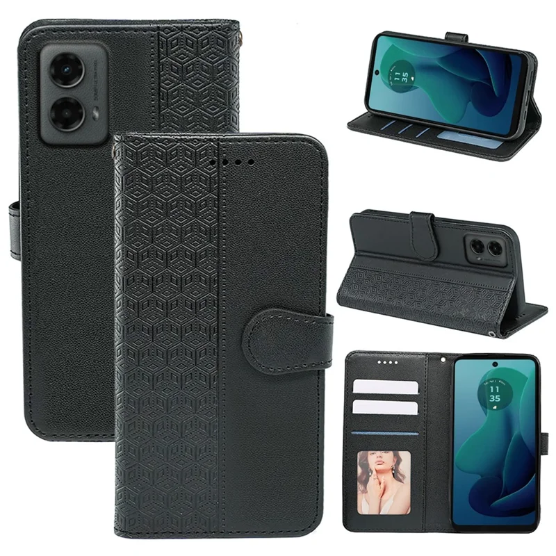 For Motorola Moto G 5G (2024) Case PU Leather Cellphone Protective Cover Cubic Grid Pattern - Black