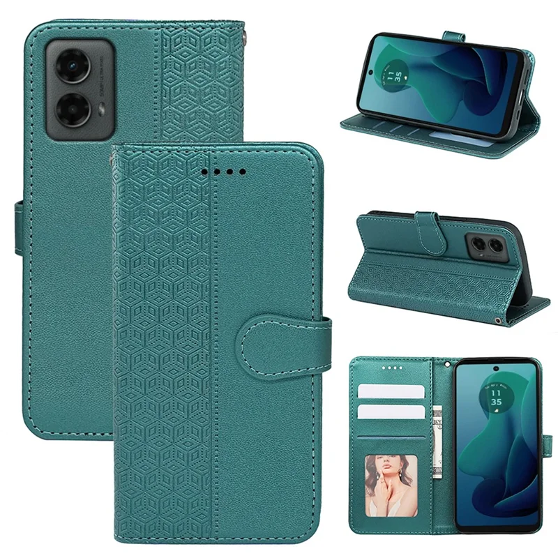 For Motorola Moto G 5G (2024) Case PU Leather Cellphone Protective Cover Cubic Grid Pattern - Green