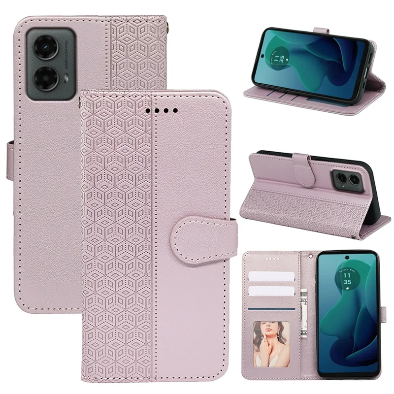 For Motorola Moto G 5G (2024) Case PU Leather Cellphone Protective Cover Cubic Grid Pattern - Rose Gold