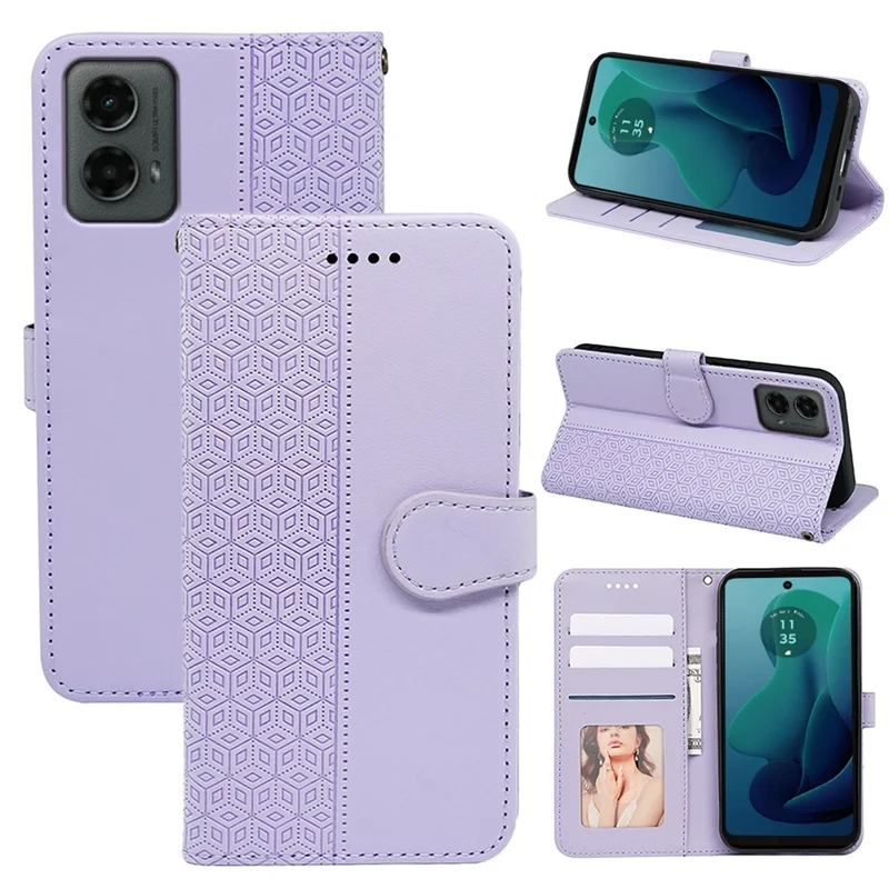 For Motorola Moto G 5G (2024) Case PU Leather Cellphone Protective Cover Cubic Grid Pattern - Purple