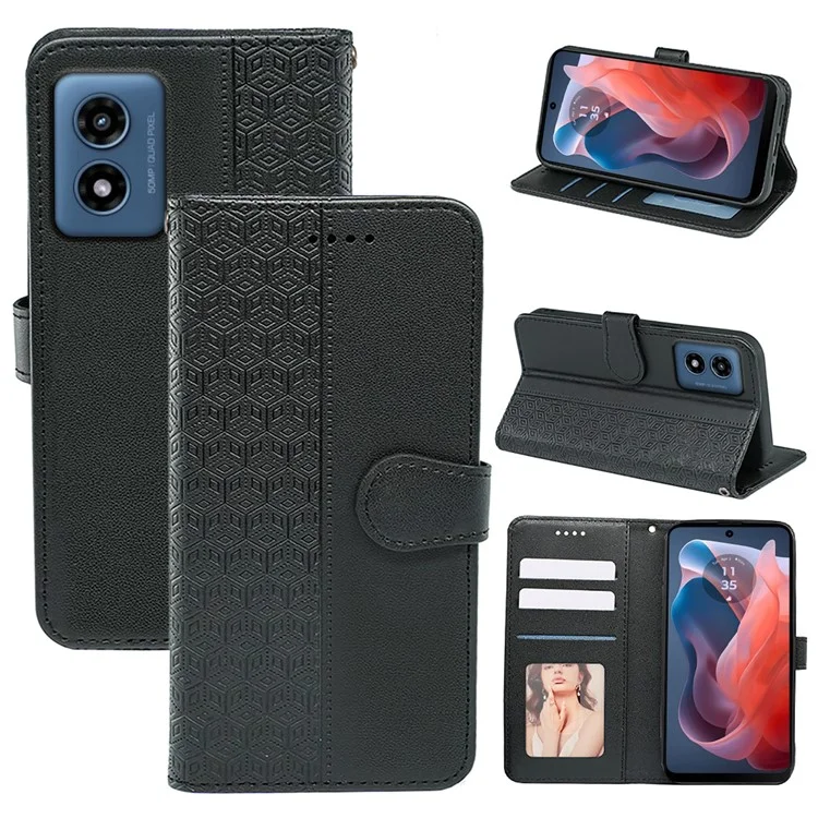 For Motorola Moto G Play (2024) 4G Case Leather Protective Phone Cover Cubic Grid Imprint - Black