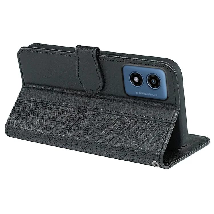 For Motorola Moto G Play (2024) 4G Case Leather Protective Phone Cover Cubic Grid Imprint - Black