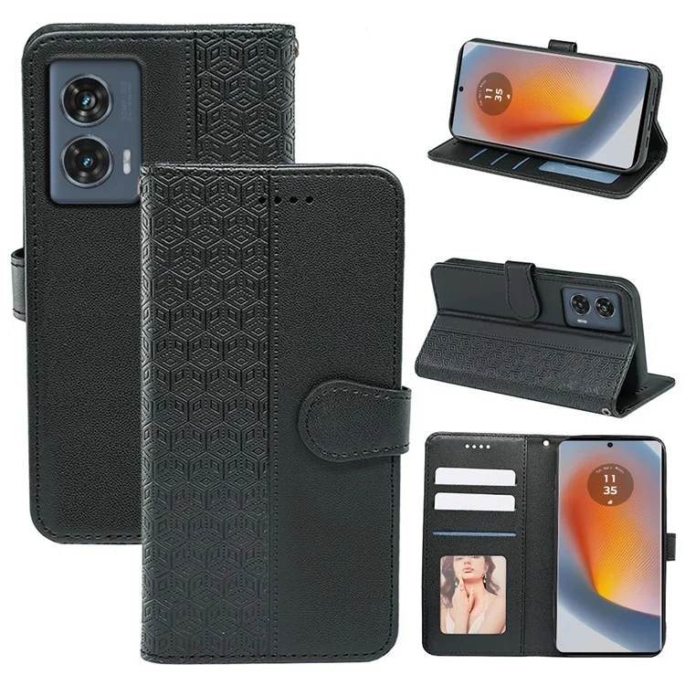 Para Motorola Edge 50 Fusion 5G Case PU Leather Cubic Grid Phone Cover - Preto