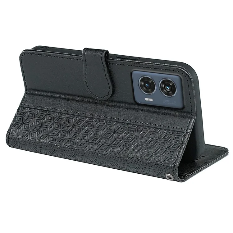 Para Motorola Edge 50 Fusion 5G Case PU Leather Cubic Grid Phone Cover - Preto